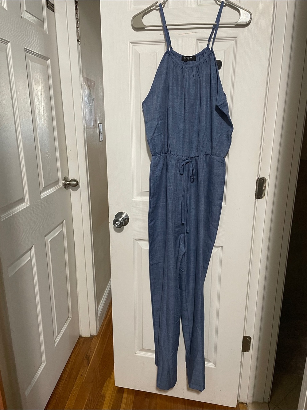New Casual Blue Chambray Jumpsuit with Drawstring Waist size medium